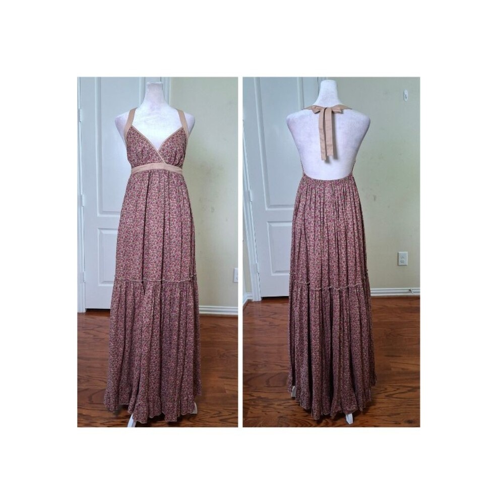 MODA INTERNATIONAL Halter Dress Tiered Tan Pink M Floral Y2K Boho Preppy Cottage